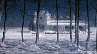 Snow-covered trees and clouds over a frozen landscape