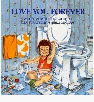 Worn copy of 'Love You Forever' children's book on a shelf
