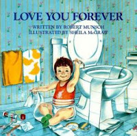 Worn copy of 'Love You Forever' children's book in a garage bin